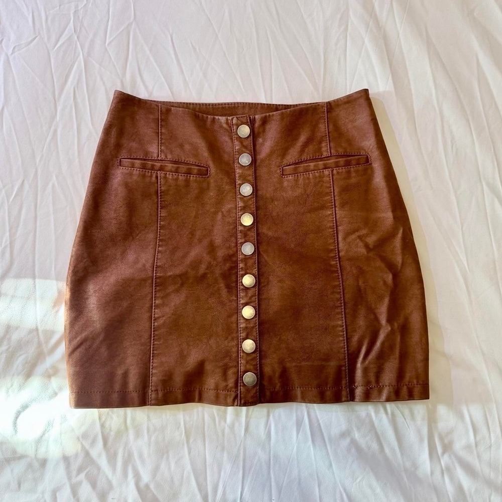 Free People Western Faux Leather Mini Skirt Brown Snap Front Size 2